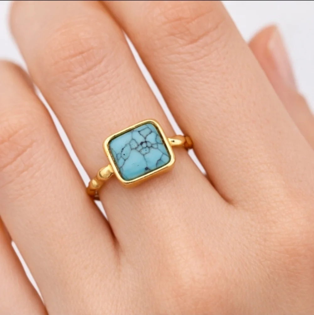 Bezel Set Turquoise Ring with 18k Gold Plating Size 6